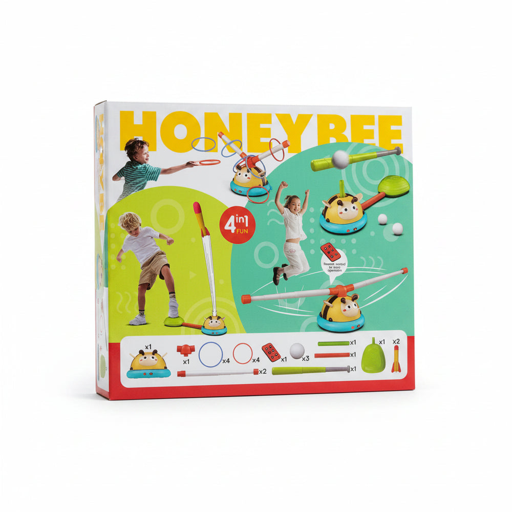 HoneyBee 4-in-1 Activity Toy – Ring Toss, Baseball, Rocket & Jump Game