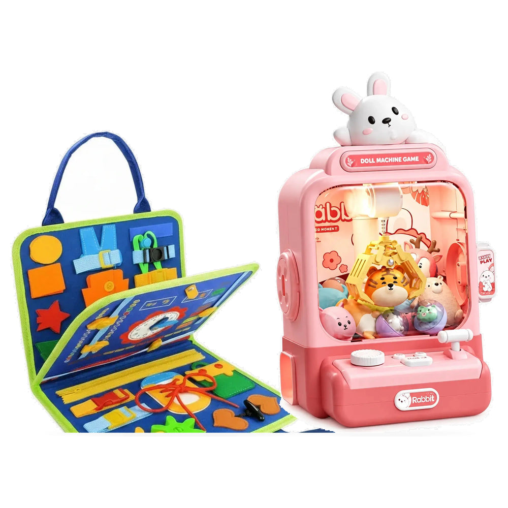 Montessori Deluxe 8-Page Busy Book & Rabbit Claw Machine Bundle Hero