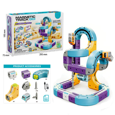 Magnetic Track Go 54-Piece Anti-Gravity Electric Monorail Track Building Set with Packaging and Dimensions